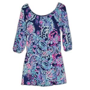 Lilly Pulitzer Lana Off the Shoulder Deep Indigo Gypsea Girl Print Skort Romper